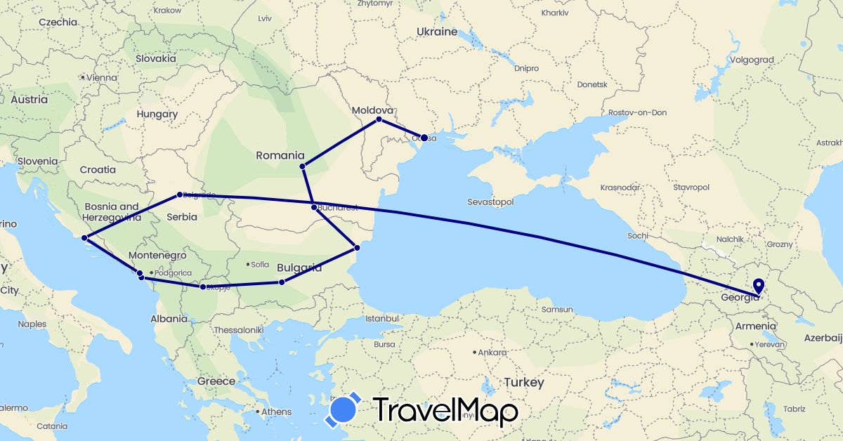 TravelMap itinerary: driving in Bulgaria, Georgia, Croatia, Moldova, Montenegro, Macedonia, Romania, Serbia, Ukraine (Asia, Europe)